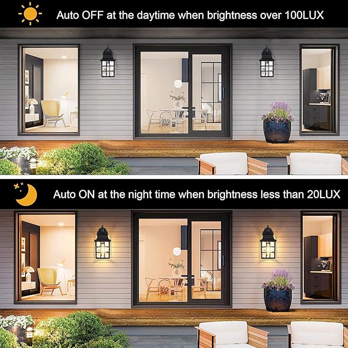WIHTU 2-Pack Dusk to Dawn Outdoor Wall Lights Sensor Exterior Light Fixtures Porch Lights Black Waterproof Wall Sconces Outside Lighting for Garage Front Door