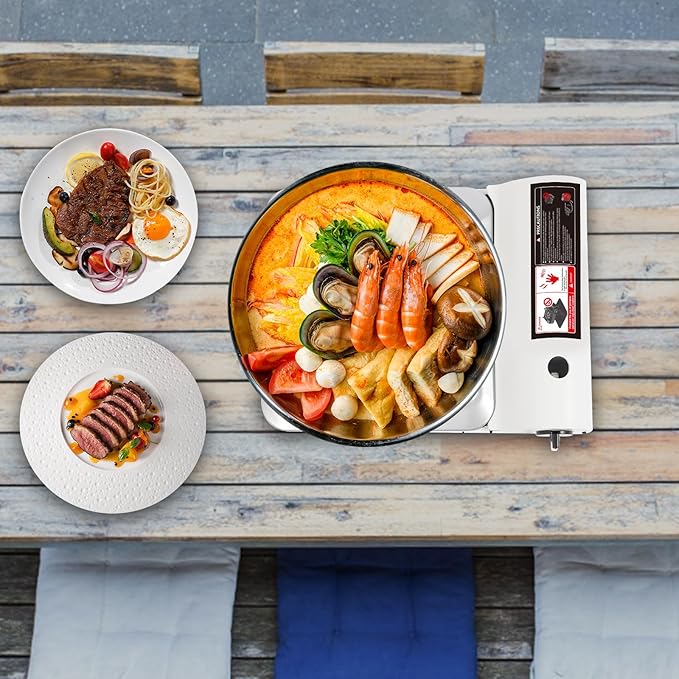Portable Camping Stove 3500W Gas Stove with Grill Plate and Portable Case BBQ Grill Butane Camping Stove Camping Stove Ideal for Outdoor Cooking Camping Road Trip Gathering (White)