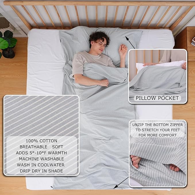 100% Cotton Sleeping Bag Liner with Full Length Zipper on 3 Sides Single/Double Adult Sleep Sack for Travel &amp Camping Multifunctional Travel Sheets (Unzipped 87”x87”) for Hotel Lightweight