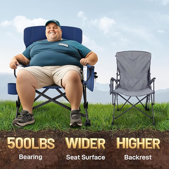 EVER ADVANCED Oversized Folding Camping Chair for Adults with Adjustable Lumbar Support Heavy Duty Chair with Side Pockets Portable Collapsible Quad Chair for Outside