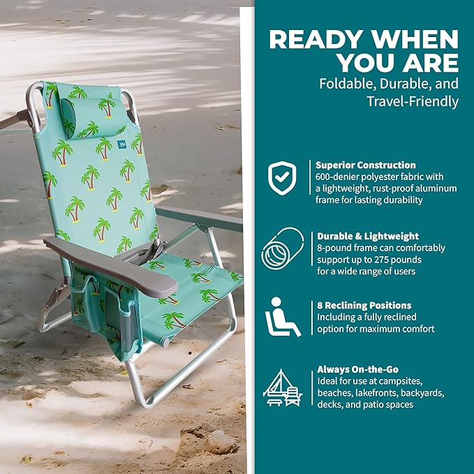 Bliss Hammocks BBC-352-PT Folding Beach Chair w/Towel Rack Cup Holder w/Pocket 275 Lb. Weight Capacity Palm Tree