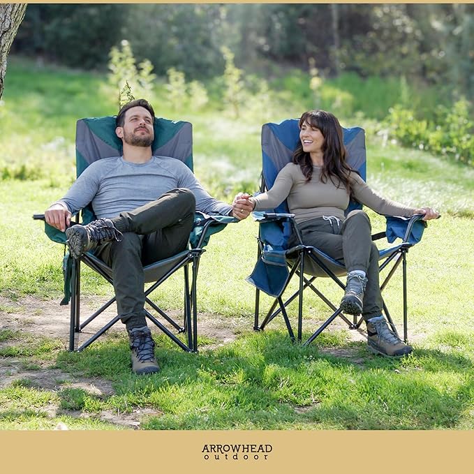 ARROWHEAD OUTDOOR Oversized XXL Portable Folding Camp Chair w/Glass &amp Cup Holders Armrest Cooler Heavy Duty Carry Bag 600 lbs Weight Capacity