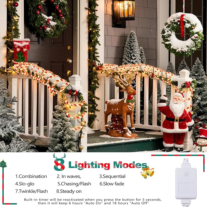 Toodour Christmas Candy Cane Lights 50ft 360 LED Candy Cane Rope Lights Outdoor with 8 Modes Connectable Timer Waterproof White &amp Red Christmas Light for Garden Patio Bedroom Party Xmas Decor