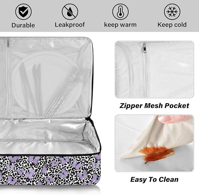 Casserole Carrier Leopard Print Pattern with Purple ButterfliesInsulated Casserole Carrier for Hot or Cold Food Thermal Lunch Tote for Potluck Parties Picnic Fits 9 x 13 Inches Baking Dish