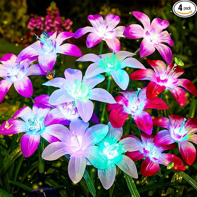 Solar Garden Lights Outdoor 4 Pack Blooming Lily Solar Flowers Outdoor Waterproof 7 Color Changing Bigger Flower Lights for Yard Patio Decor Gift for Mom