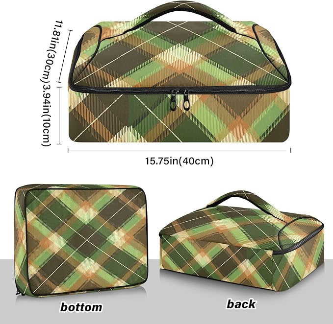 Casserole Carrier Green and Brown Tartan Insulated Casserole Carrier for Hot or Cold Food Thermal Lunch Tote for Parties Picnic Travel Carry Bag
