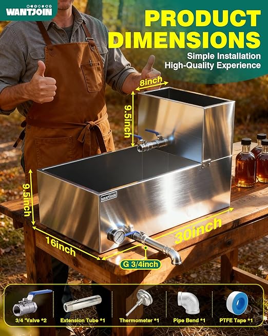 WantJoin Maple Syrup Evaporator Pan 25 GAL - Syrup Evaporator Pan Stainless Steel w/Thermometer 30 * 16 * 19 Inch Makes 375 Bottles of 50oz Upgraded Leak-Proof TIG Welded Seams