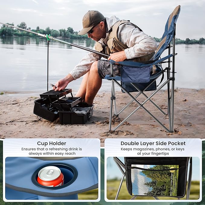 Oversized Camping Chair Heavy Duty- Portable Folding Chair Cup Holder &amp Waterproof Phone Case for Adults Beach Hiking Backyard (Blue &amp Brown 2 PCS)