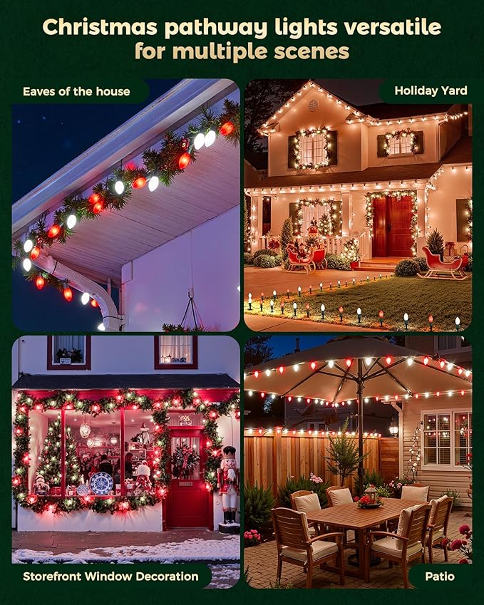 Brightown Frosted C9 LED Christmas Lights Outdoor 2 Packs Total 51.4Ft 40 LED Bulbs Pathway Lights Christmas Decorations Outside Driveway Waterproof Walkway Sidewalk Red and White