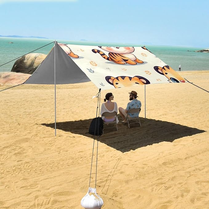 Cute Tiger Funny Camping Sun Shelter Beach Tent Portable Beach Sun Shade Outdoor Canopy for Camping Trips Fishing Picnic