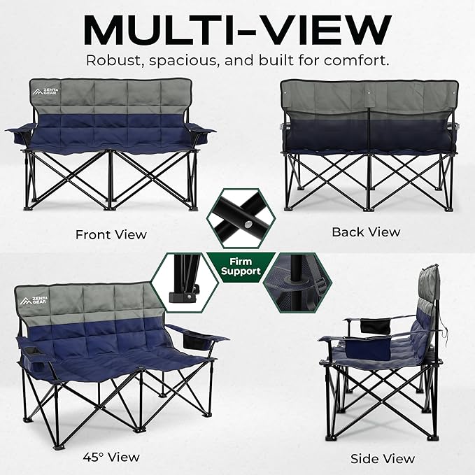 Oversized Fully Padded Double Camping Chair Portable Folding Loveseat w/Side &amp Back Pockets Adjustable Armrests Double-Sized Cup Holders for Outdoor Indoor Supports 530LBS (Dark Navy)