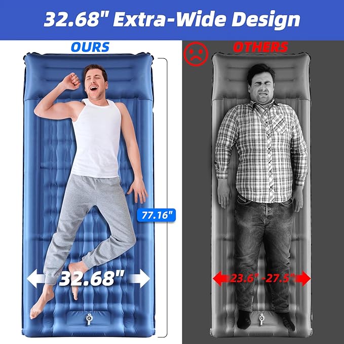 32.68 Extra Wide Sleeping Pad for Camping Camping Mattress with Pillow Inflatable Sleeping Pads with Built-in Foot Pump 5.11 Thickened Sleeping Mat for Backpacking Hiking Tent (Blue)