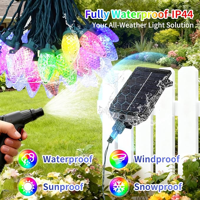 Solar Christmas Lights Outdoor 50 LED C9 Strawberry String Lights with Timer &amp 13 Light Mode Waterproof Solar Christmas Tree Lights for Garden Patio Party Christmas Decoration Multicolor