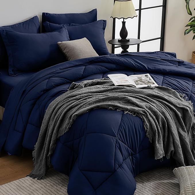 HEVUMYI Navy Blue Cali-King Comforter Set - 7-Piece All Season Bed in a Bag Cali-King Ultra Soft Bedding Set with Comforter Flat Sheet Fitted Sheet Pillowcases Pillow Shams Navy Blue