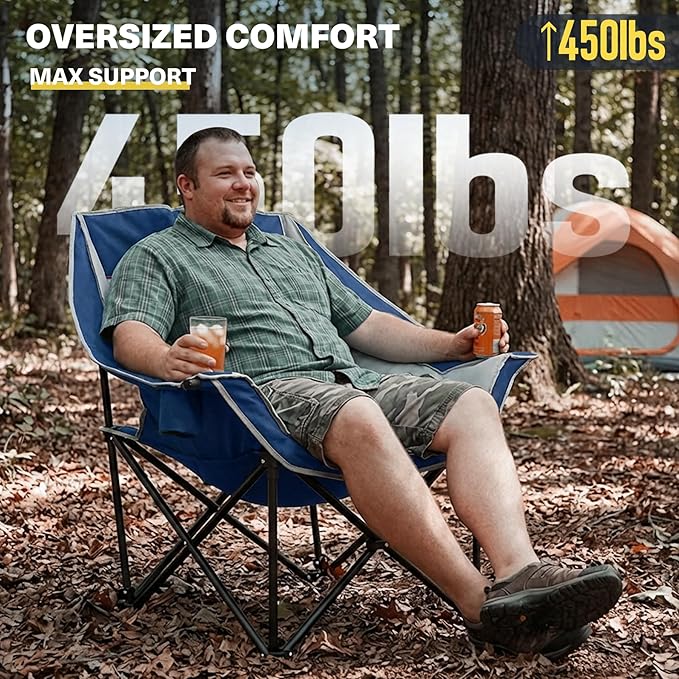 Oversized XL Camping Chair for Adults Heavy Duty | 450LBS Support Padded Folding Lawn Chairs with Side Pocket Cup Holder Cooling Bag for Outdoor Sports Garden Beach Fishing