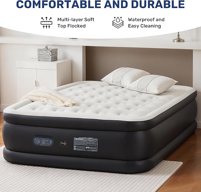 YSSOA Queen Camping Air Mattress with Built-in Electric High-Speed Pump 18 Bed Height Comfort Blow Up Inflatable Airbed with Carrying Bag for Travel &amp Home Guests Waterproof Foldable Portable