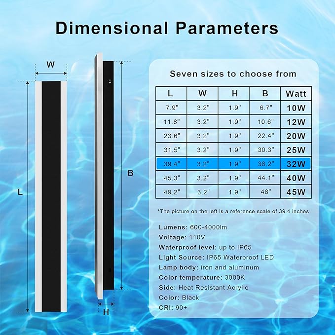 Outdoor Wall Light Fixtures Modern Long LED Wall Sconce Black Exterior Light Fixture Ip65 Waterproof Wall Lamp 32w 3000k Metal Rectangular Wall Lights For Villa PatioCourtyardPorch Bedroom39.4''