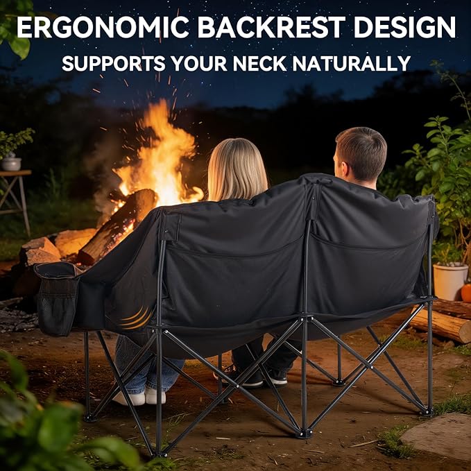 Heavy Duty Double Camping Chair for Adults Oversized 2 Person Camping Loveseat with Thick Padding Folding Outdoor Couch Supports Up to 600 lbs for Family Camping Stargazing Fishing Black &amp Gre