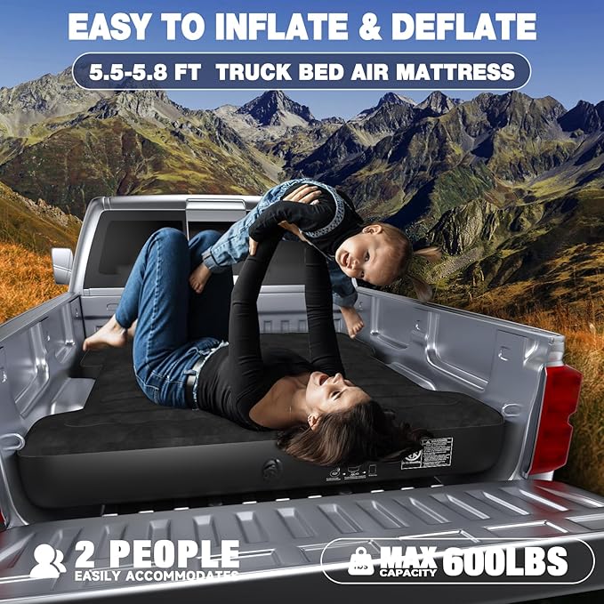Truck Bed Air Mattress Full Size Truck Beds Inflatable Air Mattress Bed with Air Pump 2 Pillows Carry Bag Pickup Bed Air Mattress for Chevrolet Silverado Dodge Ram Ford Black