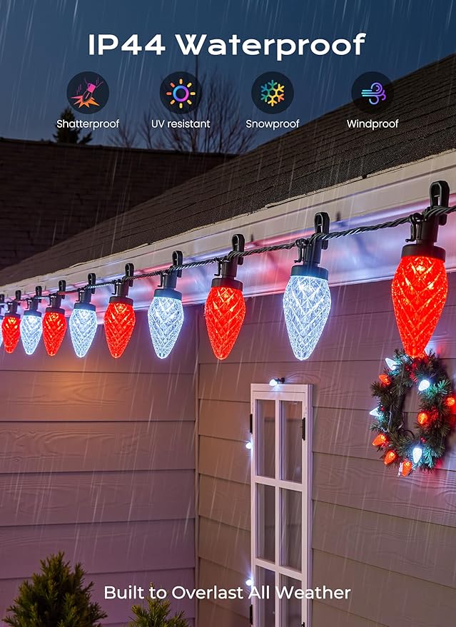 C9 Outdoor Christmas Lights 72 FT 110 LED C9 String Lights 8 Modes &amp Timer Extendable Waterproof for Christmas Tree Indoor Outdoor Roofline Patio Outside Garden Backyard Xmas Decor Red White 2