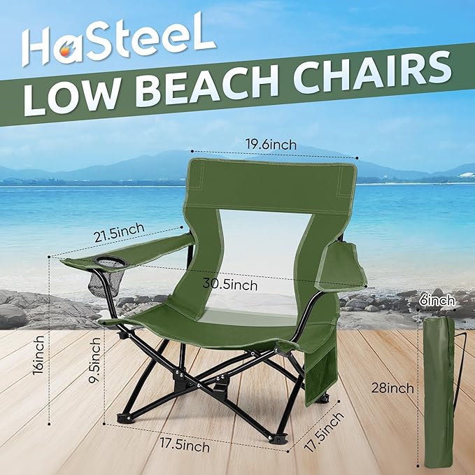 HaSteeL Folding Beach Chair Set of 2 Foldable Green Camping Chairs for Outside Low Beach Chair Portable for Adults Fishing Picnic Outdoor BBQ Travel Sports Cup Holder &amp Storage Bag