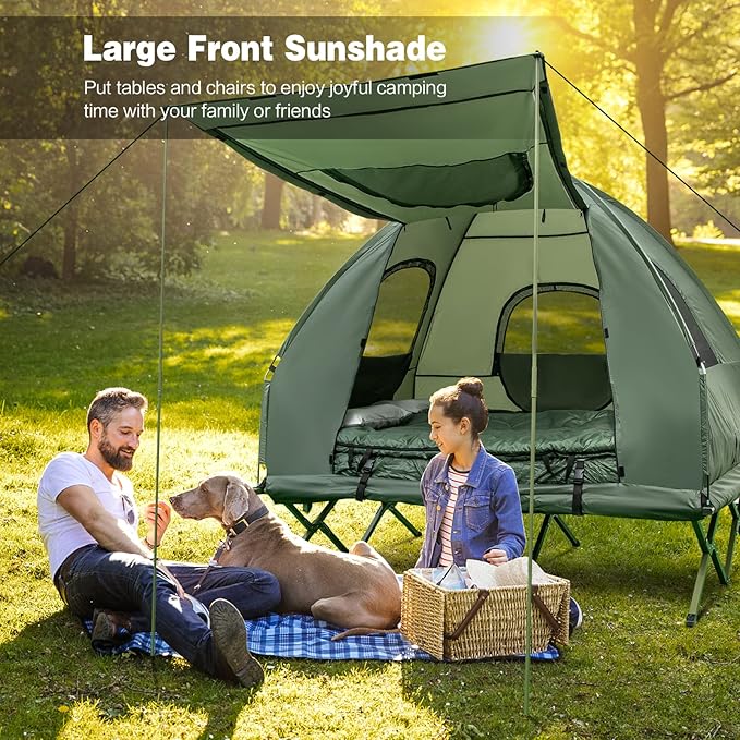 DORTALA 2-Person Tent Cot Foldable Elevated Camping Tent w/Air Mattress &amp Sleeping Bag Portable Dome Camping Tent Cot for Hiking Camping &amp Picnic