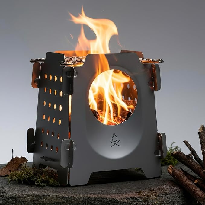 Überleben | Stöker Wood Burning Camping Stove – 18oz Flatpack Stainless Steel Wood Stove for Backpacking Hiking &amp Outdoor Cooking – Portable Folding Camping Essentials (Bead-Blasted)