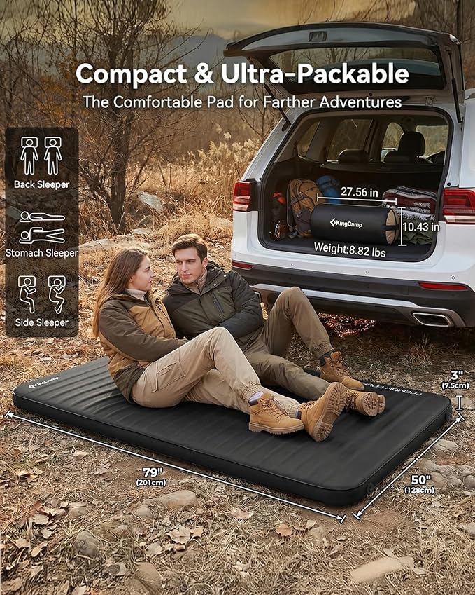 KingCamp Premium Double Self Inflating Sleeping Pad 7.5 R-Value Air &amp Foam Camping Mattress 2 Person 3 Thick Double Size Insulated Sleeping Pad with Pump Sack for Car Camp Tent PVC Free Black
