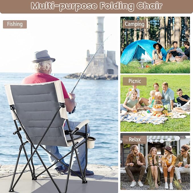 Goplus Camping Chairs Portable Lumbar Back Beach Chair Heightened Design for Adults w/Cup Holder &amp Carrying Bag Folding Chair for Outside Fishing Hiking Picnic Lawn (330 LBS Weight Capacity)