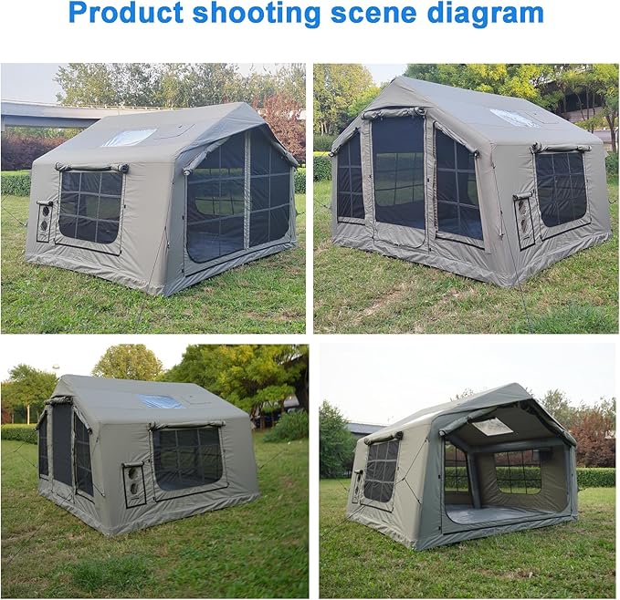 8㎡ Luxury Inflatable Camping Tent for 3-8 People UV-Resistant 4-Season Family Tent with Chimney Port &amp Skylight Oxford Fabric or Tech Cotton – White Tank Gray Aurora Green