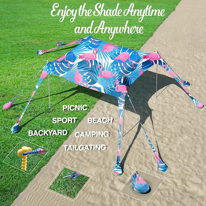 Rhino Valley Beach Tent Shade Canopy UPF50+ Protection 8 Sandbags 4 Stability Poles Outdoor Sun Shelter Umbrella for Sand Camping Fishing Essentials