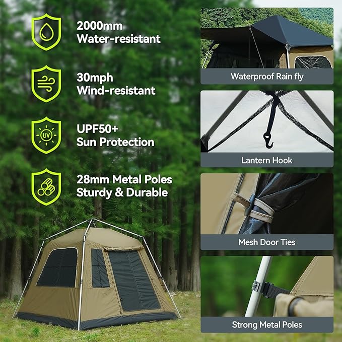Instant Pop-Up Camping Tent with Removable Sunshade - 3-4 Person Dome Tent with UV Protection &amp Ventilation Waterproof Windproof for Beach Hiking Outdoor.