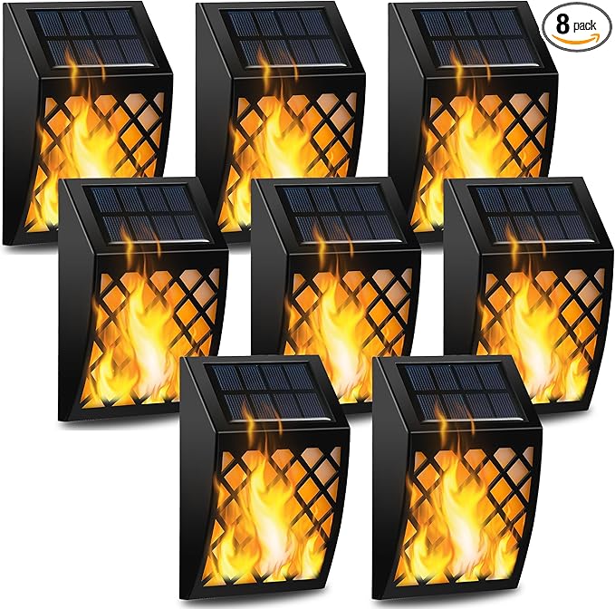 Dynaming Solar Flame Wall Lights Outdoor 8 Pack Solar Powered Wall Lights Flickering Flame Auto On/Off Wall Mounted Fence Deck Lights Lattice Decorative for Garage Garden Pathway Patio Porch Yard