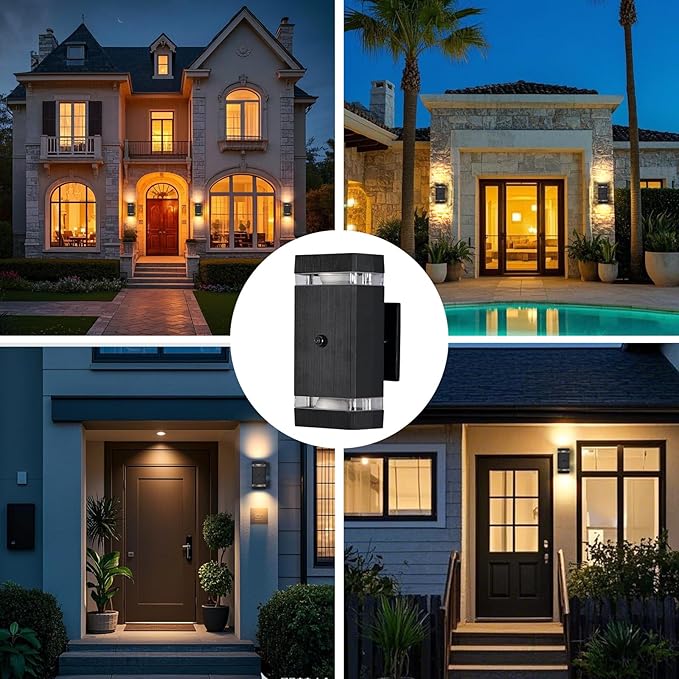 Outdoor Wall Lights 6 Packs Integrated LED Up Down Lights Modern Black Outdoor Wall Light with Dusk to Dawn Sensor Aluminum Exterior Wall Light for Porch Patio Door
