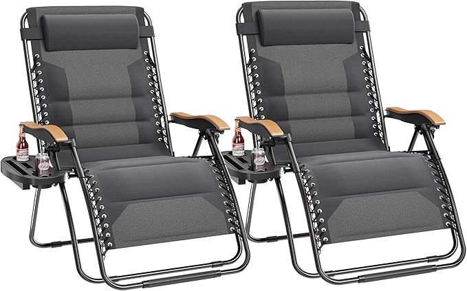 PHI VILLA XXL Oversized Padded Zero Gravity Chair Set of 2 Foldable Patio Recliner 30 Wide Seat Anti Gravity Lounger with Armrest and Cup Holder Support 400 LBS (Light Gray)