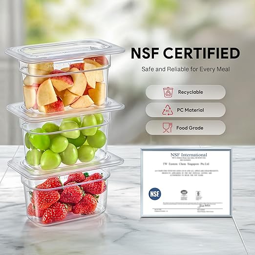 WILPREP 6 Pack Plastic Food Pans with Lids NSF Listed 1/9 Size 4 in Deep Clear Food Storage Containers 1.1 qt Stackable Polycarbonate Commercial Hotel for Fruits Vegetables Beans Corns