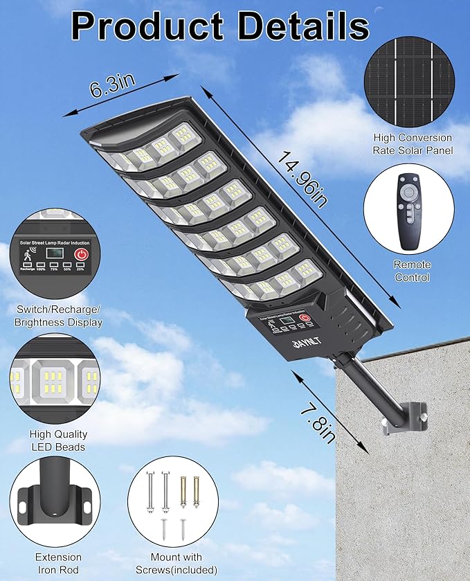 JAYNLT Solar Street Light 7000K Dusk to Dawn Solar Security Floodlight with Motion Sensor No Wiring Required Easy to Install Suitable for Outdoor Lighting in Parking Lots Yards Farms - 2 Pack