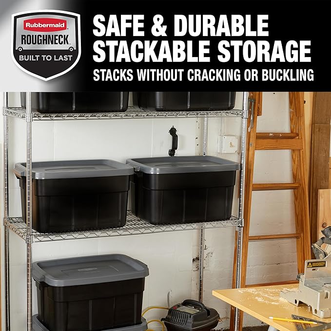Rubbermaid Heavy Duty Black Storage Bins Plastic Totes with Lids for Storage Stackable Large Capacity Durable Multipurpose 14 GAL 6 Pack (14 GAL - 6 Pack Solid Black and Grey)