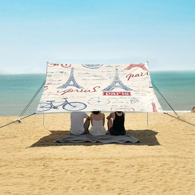 Bolaz Beach Canopy Tent Sun Shade9'×10.5' Large Family Beach Shade UPF50+- Outdoor Shade for Camping Trips FishingEiffel Tower Pattern