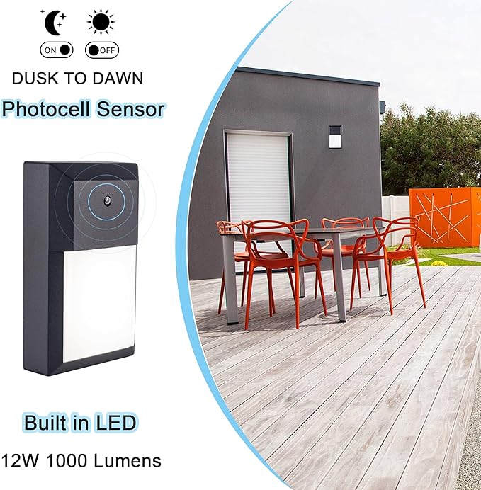 YoonLIT LED Outdoor Wall Pack Light Dusk to Dawn Photocell Waterproof for Porch Garage Stairway Hallway 12W Built in LED 1000 LM 5000K Aluminum Housing Plus PC Cover Black 1-Pack