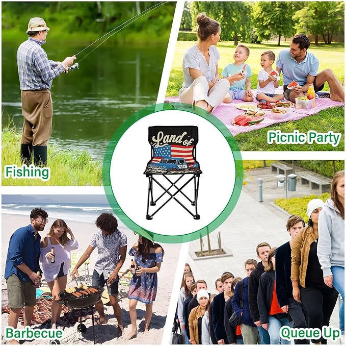 4th of July Independence Day Land of Free Blue Truck Compact Camping Chairs for Adults Lightweight Backpacking Chair Includes Carry Bag Lawn Chairs for Camp Traveling