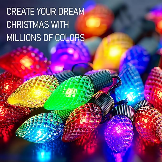 Dazzle Bright Smart C9 Christmas Outdoor Lights 100 LED 66 FT RGB String Light with Remote App Control Music Sync Connectable Waterproof Xmas Lights for Holiday Tree Patio Roof Decor