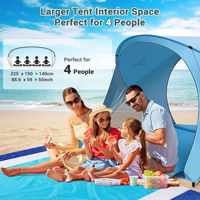 Beach Tent Sun Shelter Beach Tent with Beach Mat Set 4 Person Portable Beach Shade Canopy with UPF 50＋ UV Protection Dual-Door Ventilation Design Easy Setup Family Beach Umbrella (Blue)