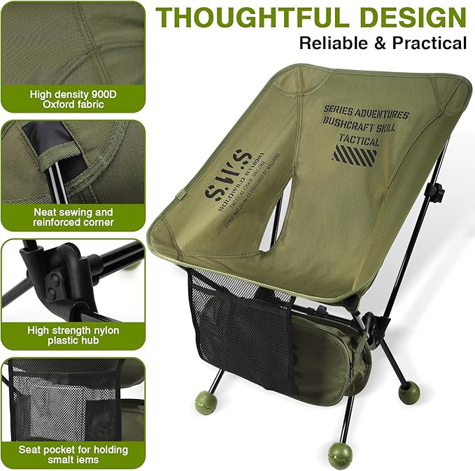 Lightweight Folding Camping Chair 2.4 LBS Portable Foldable Compact with Aluminum Alloy &amp Seat Pocket for Outdoor Camp Travel Beach Picnic Festival Supports 330LBS (Army Green)