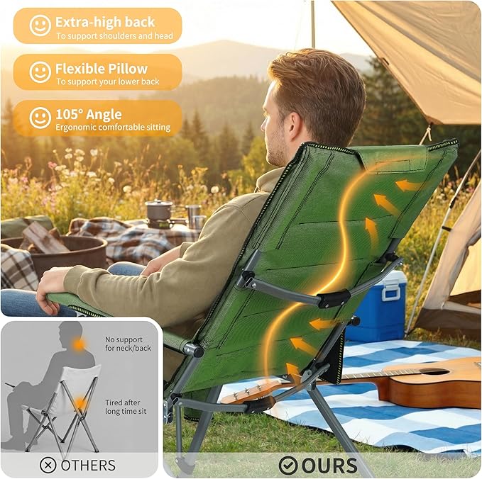 Folding Camping Chair with Cup Holder and Storage Bag Heavy Duty Support 400 LBS Oversized Collapsible Portable Adjustable Back Support Camping Chair for Outdoor (Adjustable-Green)