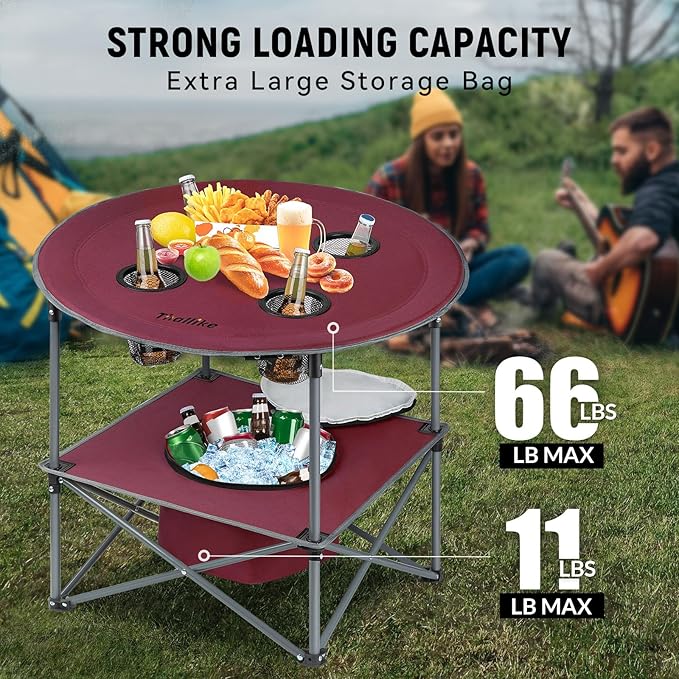 Portable Lightweight Folding Camping Table - Collapsible Foldable Picnic Camp Table with Cooler 4 Enlarged Upgraded Cup Holders and Carry Bag for Tailgating Beach BBQ RV Hiking Party Travel