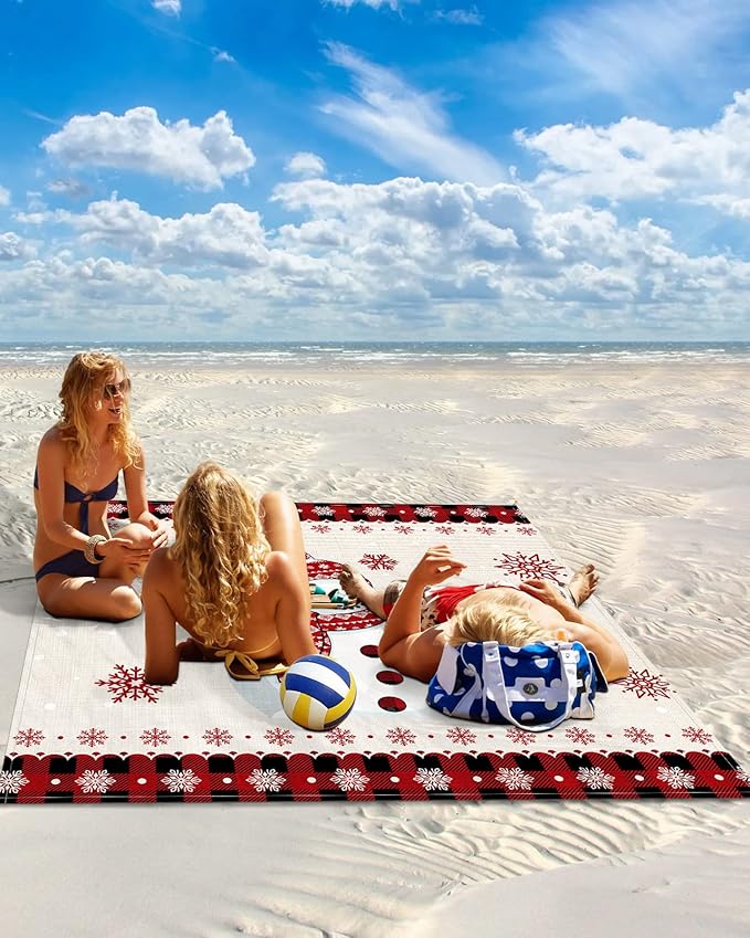 Beach Blanket Waterproof Sandproof Christmas Snowman Winter Snowflake Cardinal Quick Drying Beach Mat with 4 Stakes Red Black Checker Vintage Linen Lightweight Picnic Blanket for Travel 108x84