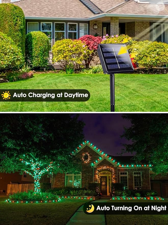 Red Green Solar Christmas Lights Outdoor Decorations Waterproof Tatal 4 Pack 400LED 132FT Solar String Lights Green Wire with 8 Modes Christmas Fairy Light for Xmas Tree Party Wedding Garden Decor