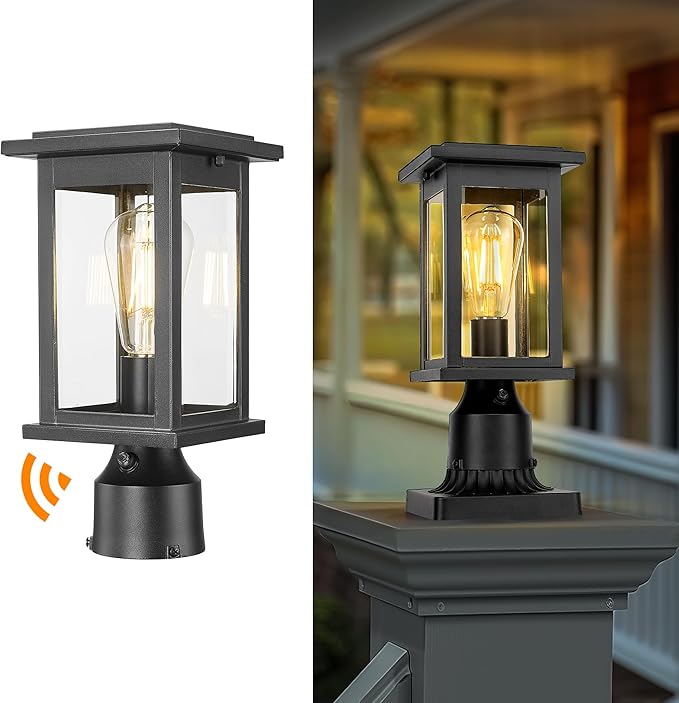Dusk to Dawn Outdoor Post Lamp HWH 12.2 Inch Exterior Pole Lantern with Photocell Sensor Lamp Post Light with Clear Glass 5HD37P PC BK