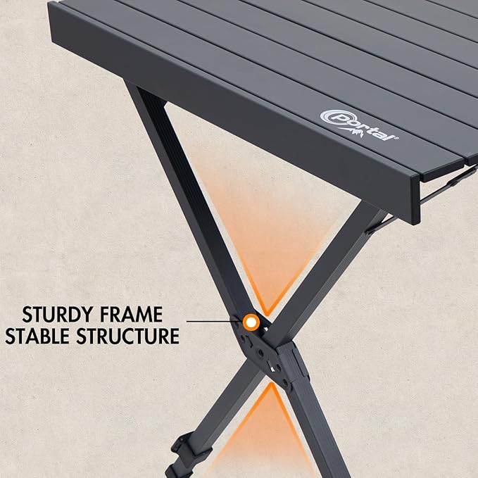 PORTAL Folding Outdoor Camping Table with Adjustable Height Aluminum Roll-Up Top and Carry Bag Big Large Portable Tables for Picnic BBQ and Tailgating Dark Gray